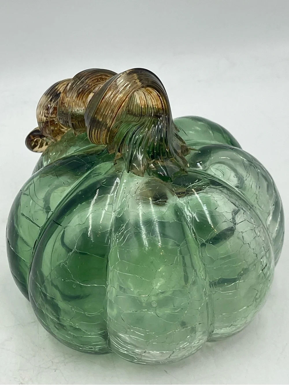Vintage Hand Blown Green Ombre Crackle Art Glass Pumpkin with Amber Twisted Stem